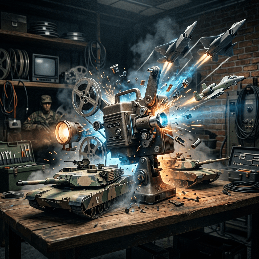 Vintage film projector exploding on table with toy tanks and jets